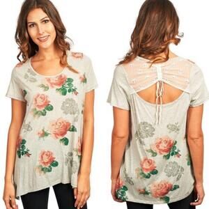 Johnny WAS 4 Love & Liberty Floral Tunic Top Shirred eyelet Back sz S